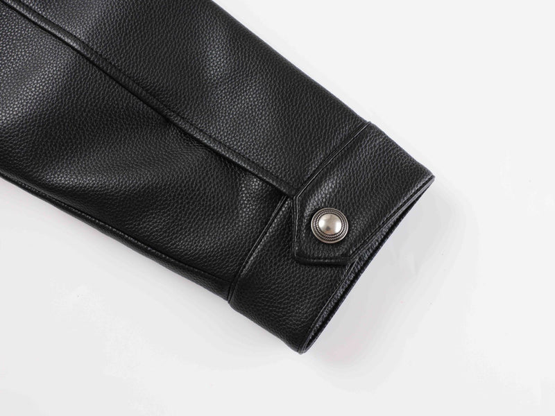 Black Leather Bomber Jacket with Fur Collar & Multi-Pocket Design