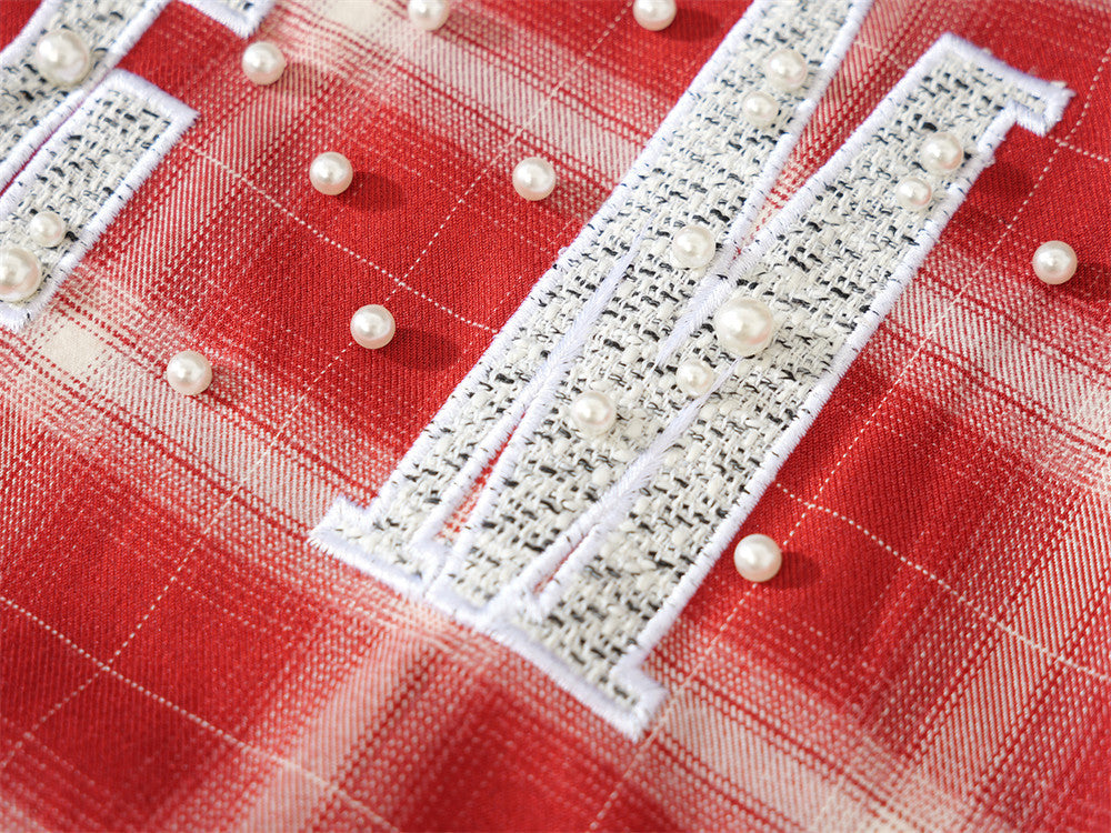 Plaid Short-Sleeve Shirt with Embroidered Letter Patch & Pearl Studs