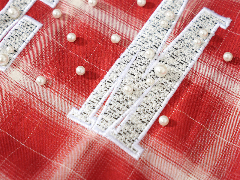 Plaid Short-Sleeve Shirt with Embroidered Letter Patch & Pearl Studs