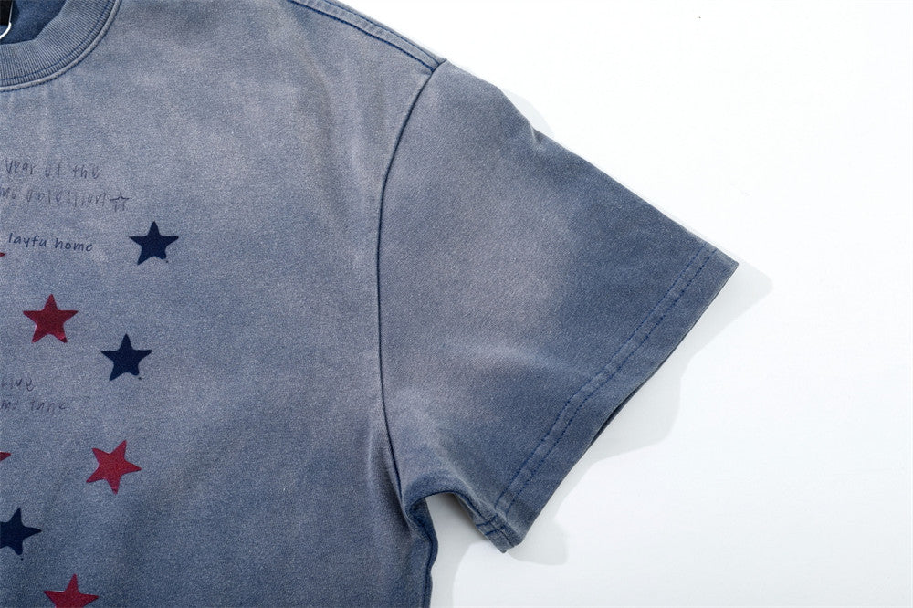 Men's Oversized Graphic Tee – Star Print Washed Short Sleeve T-Shirt
