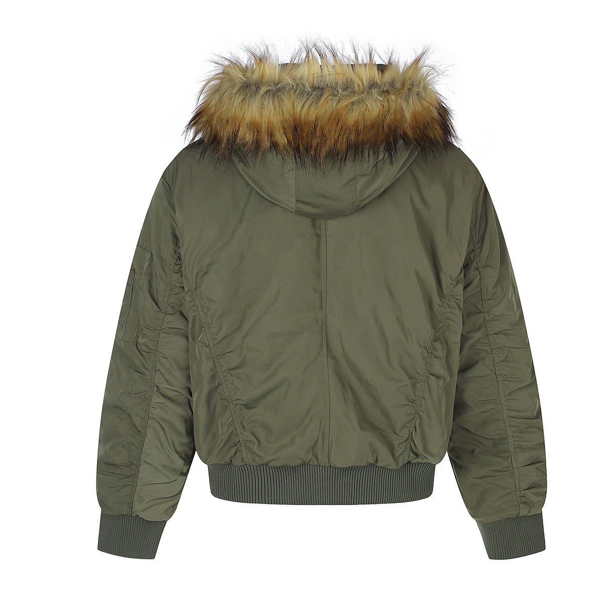 Fur-Trim Hood Bomber Jacket – Padded Winter Flight Coat with Double-Breasted