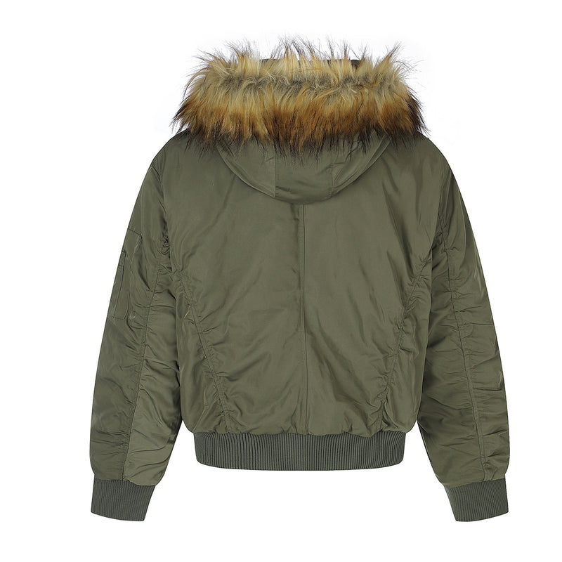 Fur-Trim Hood Bomber Jacket – Padded Winter Flight Coat with Double-Breasted