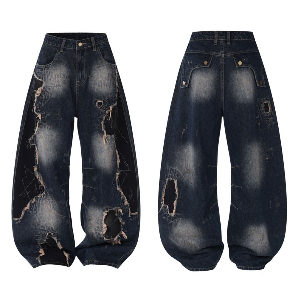 Distressed Patchwork Wide-Leg Jeans – Baggy Ripped Denim with Washed Finish