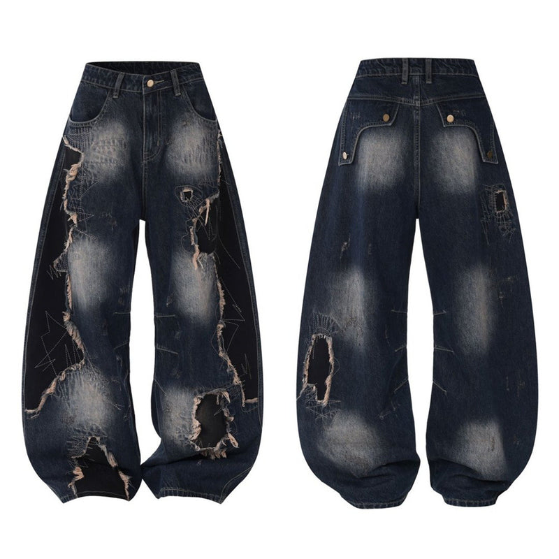 Distressed Patchwork Wide-Leg Jeans – Baggy Ripped Denim with Washed Finish