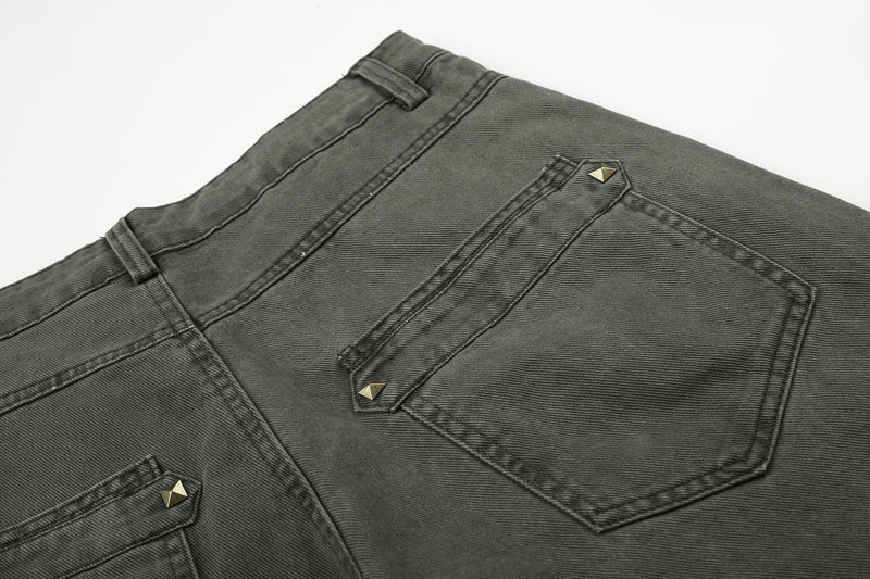 Wide-Leg Studded Denim Pants – Relaxed Fit Vintage American Street Style