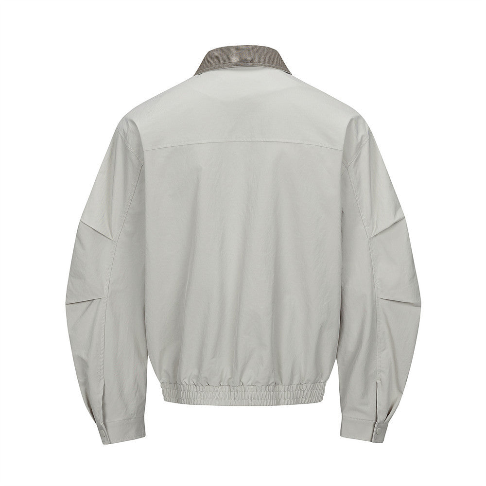 Men's Bomber Jacket with Houndstooth Collar & Pleated Sleeves