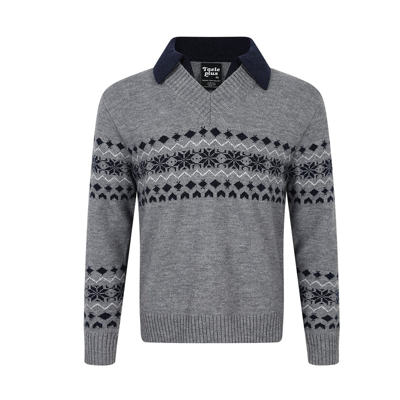 Fair Isle Jacquard Polo Collar Knit Sweater – Vintage Pattern Pullover
