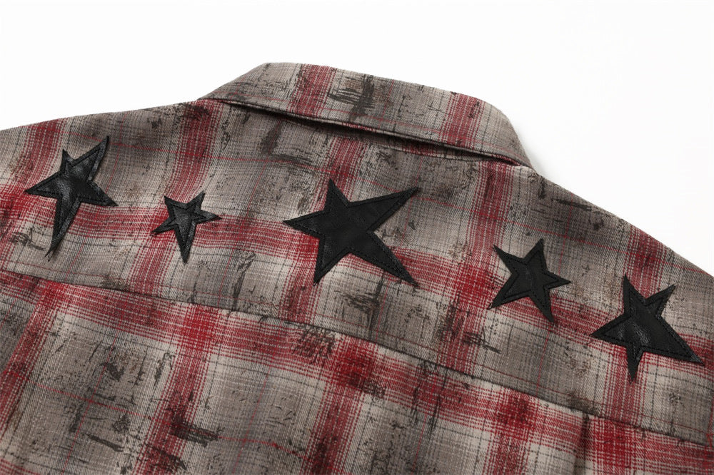 Distressed Plaid Long-Sleeve Shirt with Black Star Patches – Vintage Punk Style