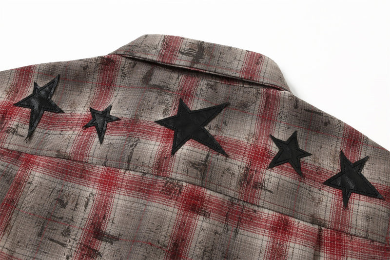 Distressed Plaid Long-Sleeve Shirt with Black Star Patches – Vintage Punk Style