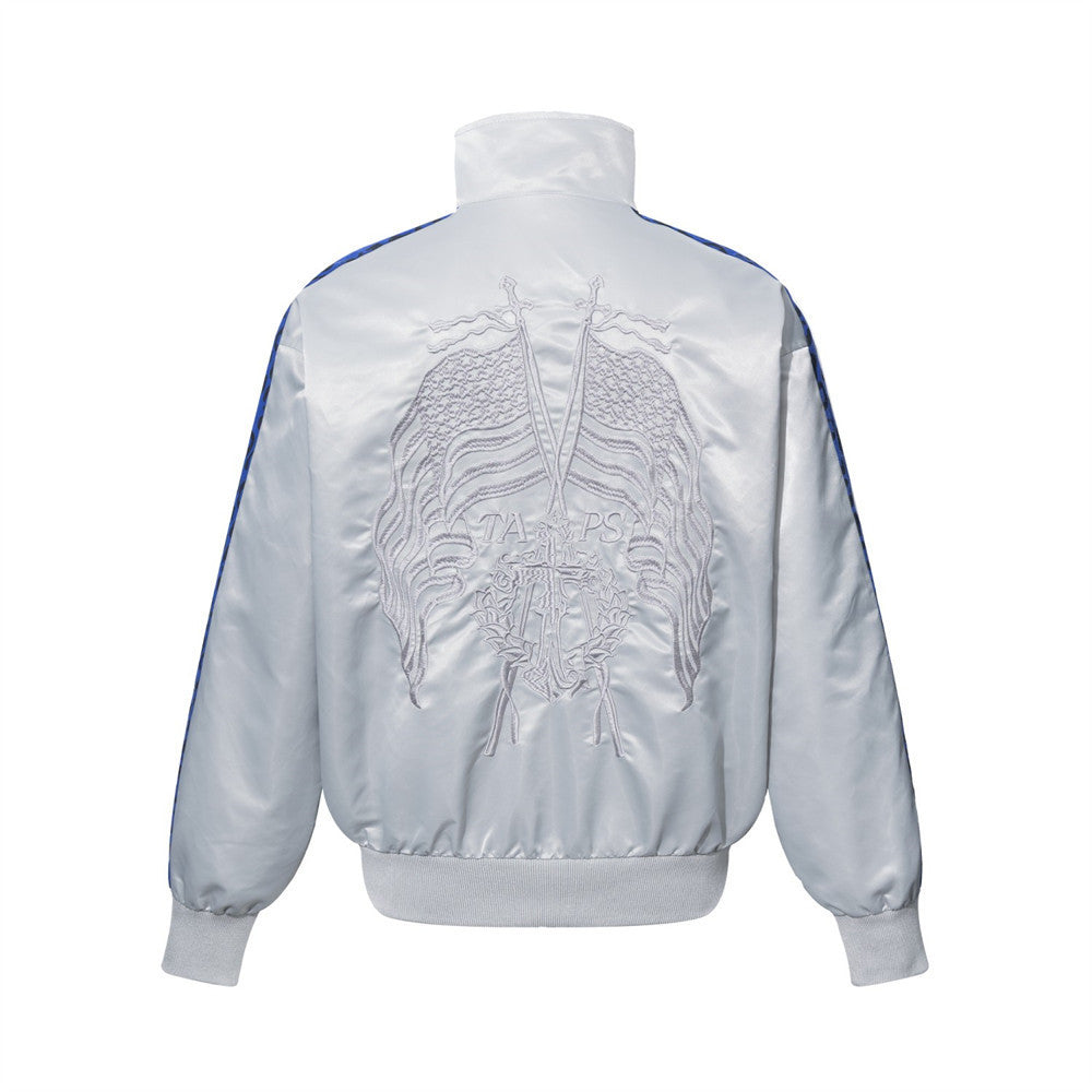Men's Heavy Embroidery Stand Collar Satin Track Jacket with Tape Sleeves