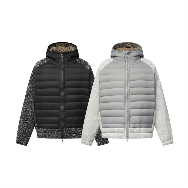 Graue Herren-Hybridjacke mit Kapuze, Reißverschluss und Steppoptik – Strickärmel