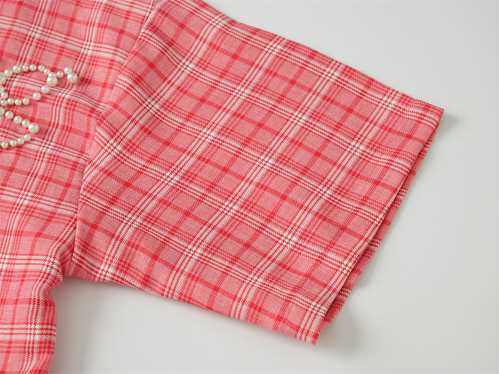 Oversized Plaid Short Sleeve Shirt with Pearl Bead Script Detail