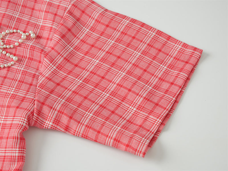 Oversized Plaid Short Sleeve Shirt with Pearl Bead Script Detail