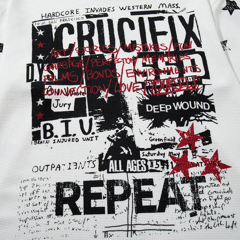 Crucifix Hardcore Graphic Long Sleeve Waffle-Knit Tee – White Star Print