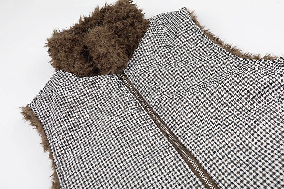 Gilet réversible en polaire teddy et tissu vichy matelassé – Gilet sans manches zippé