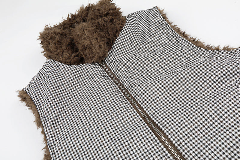Gilet réversible en polaire teddy et tissu vichy matelassé – Gilet sans manches zippé