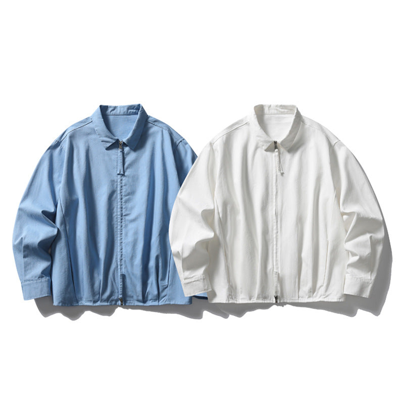 Oversized White Shirt Men Zip-Up Relaxed Fit Long Sleeve Casual Jacket