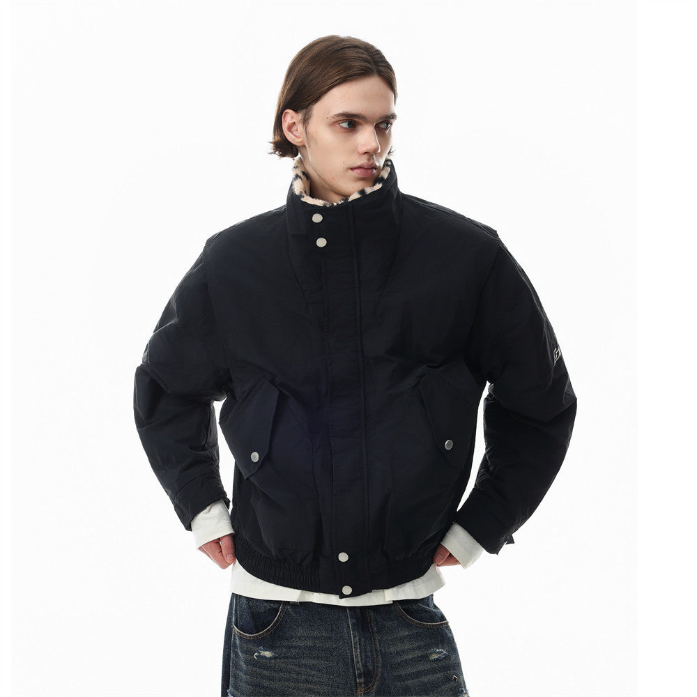 Reversible Stand-Collar Jacket Men's Dalmatian Faux Fur & Nylon Oversized Bomber