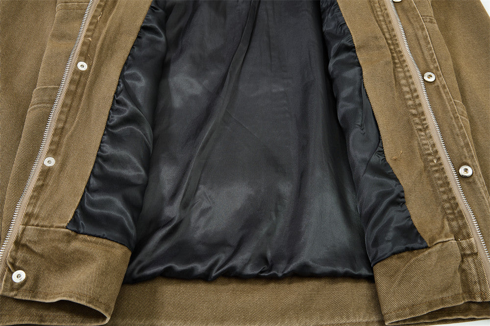 Vintage Workwear Denim Jacket – Stand Collar, Zip Chest Pockets & Oversized Fit