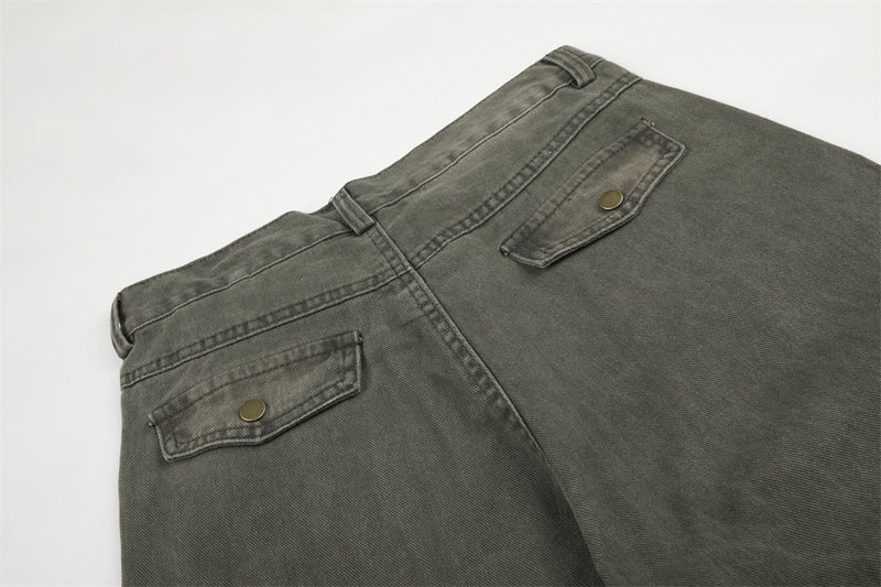 Wide-Leg Cargo Pants – Washed Denim Multi-Pocket Straight-Cut Trousers