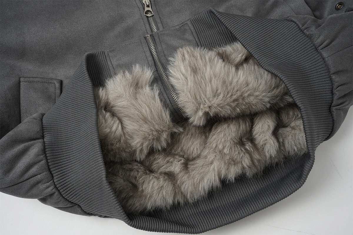 Bomber en suédine avec capuche en fausse fourrure – Manteau d’hiver oversize