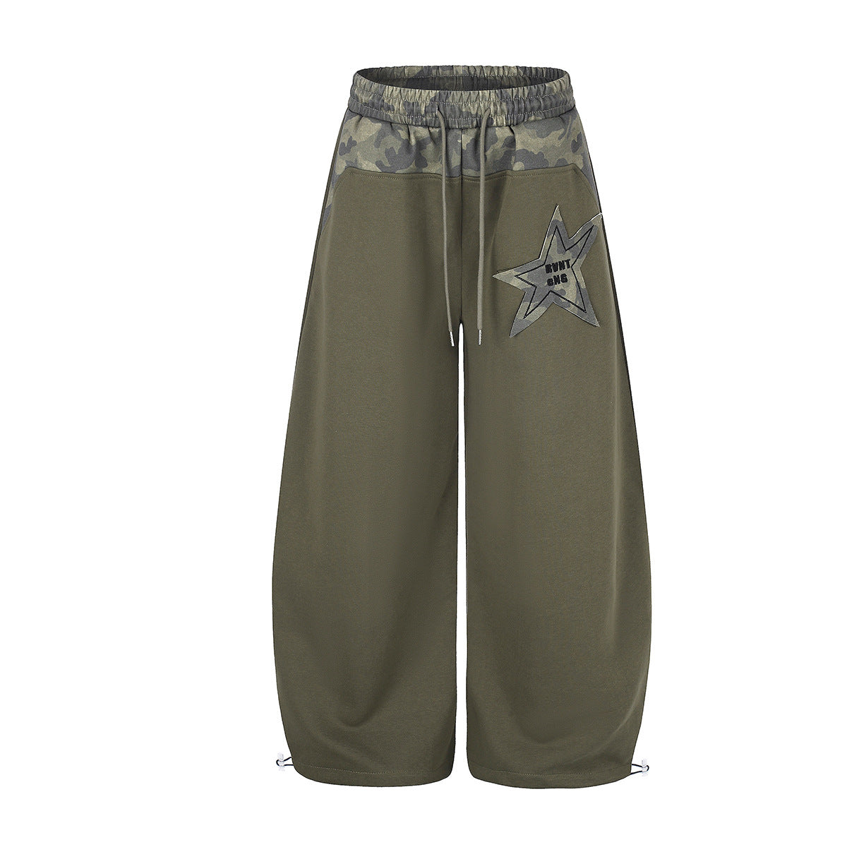 Wide-Leg Sweatpants with Camo Waistband and Star Patch