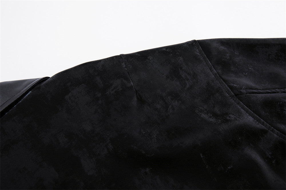 Men's Military Style Jacket – Black Velvet Double-Breasted Zip-Up with PU
