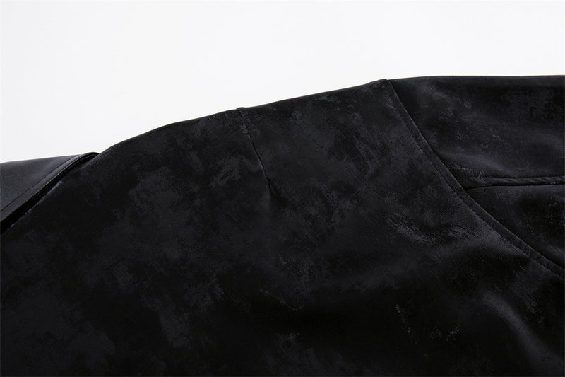 Men's Military Style Jacket – Black Velvet Double-Breasted Zip-Up with PU