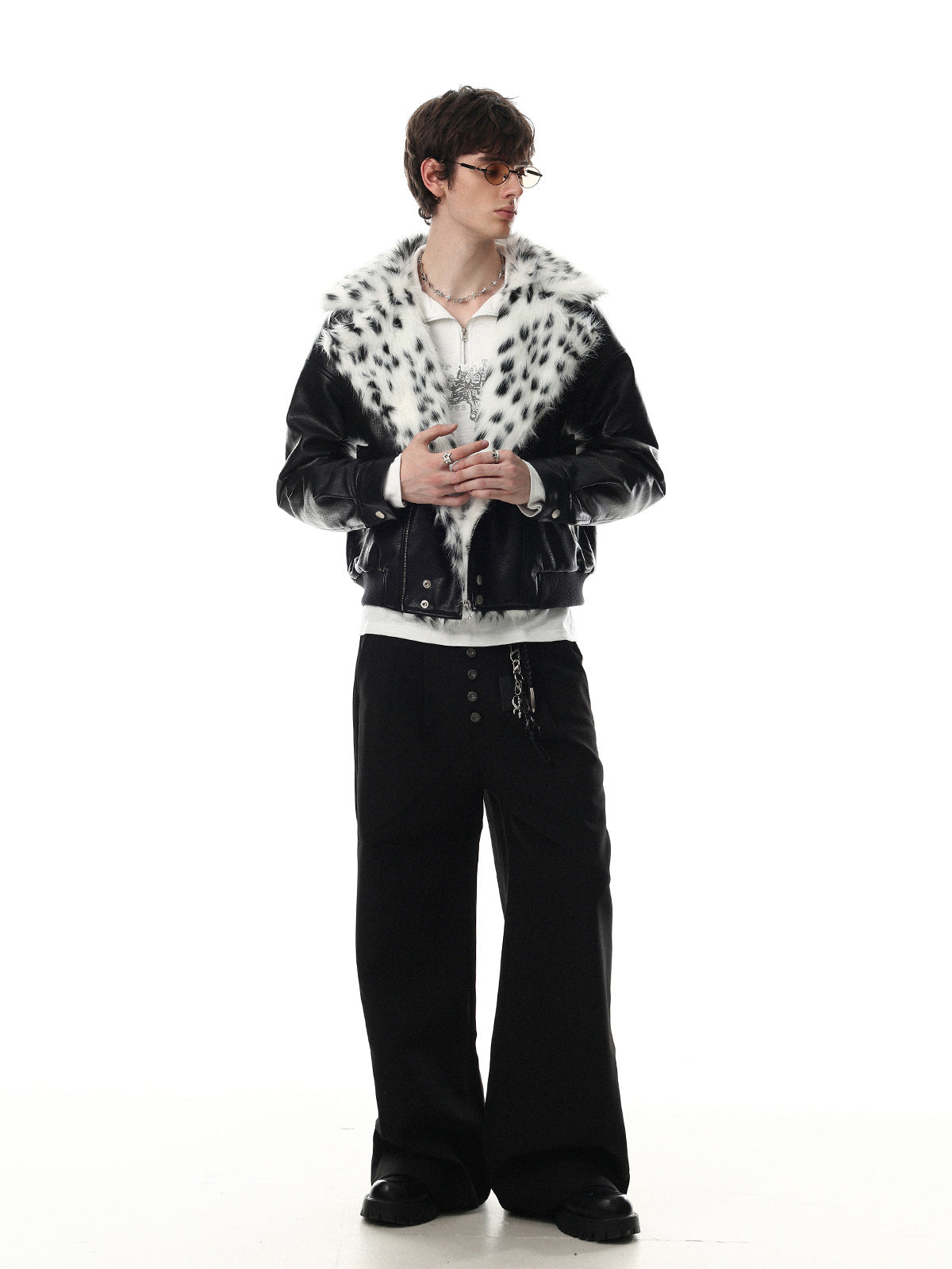 Black Faux Leather Bomber Jacket with Spotted Faux Fur Collar