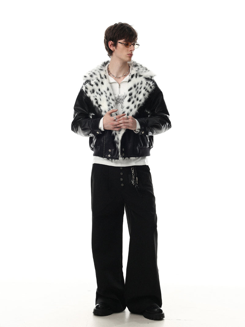 Black Faux Leather Bomber Jacket with Spotted Faux Fur Collar