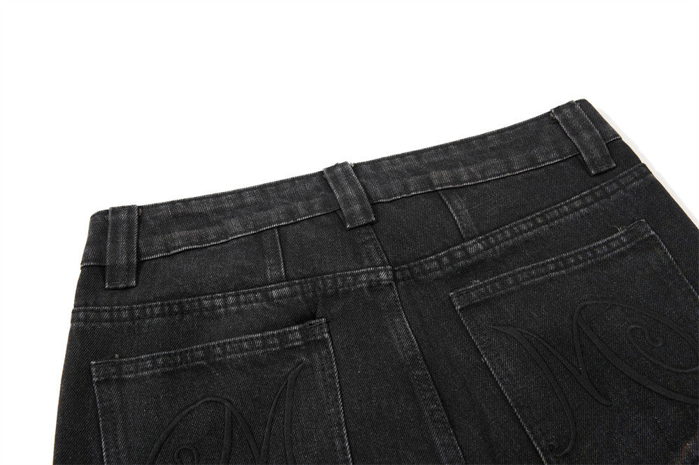 Men's Bell Bottom Jeans – Black Acid Wash Flare Leg with Lace-Up Hem & Button