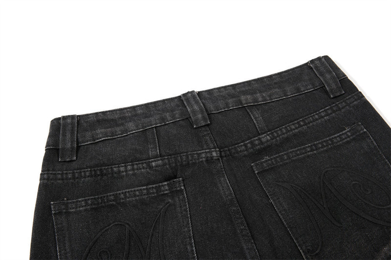 Men's Bell Bottom Jeans – Black Acid Wash Flare Leg with Lace-Up Hem & Button