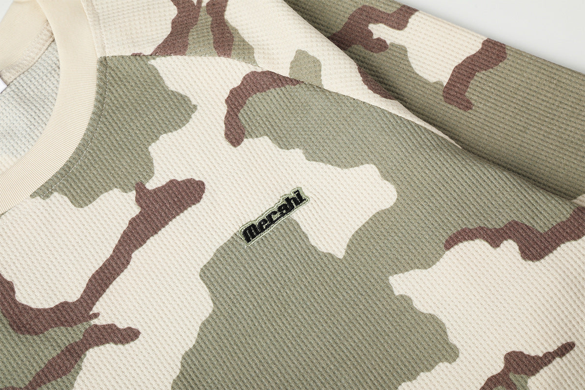 Camo Long Sleeve Waffle-Knit Crew Neck Shirt – Retro American Style