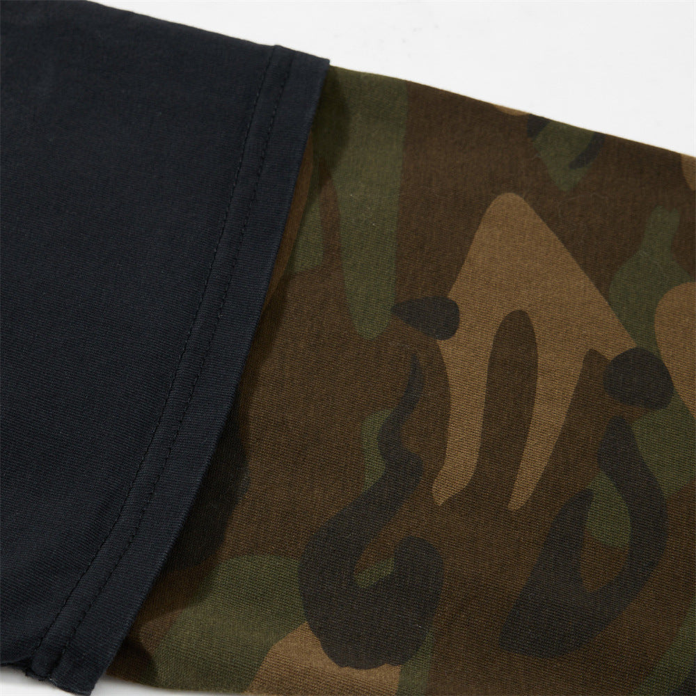 Faux Two-Piece Layered Long Sleeve Graphic Tee – Acid Wash & Camo Print