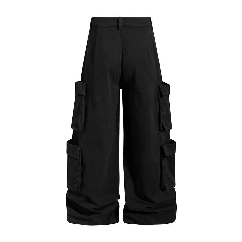 Men's Black Cargo Pants Wide-Leg Script Print with Rivet Detail