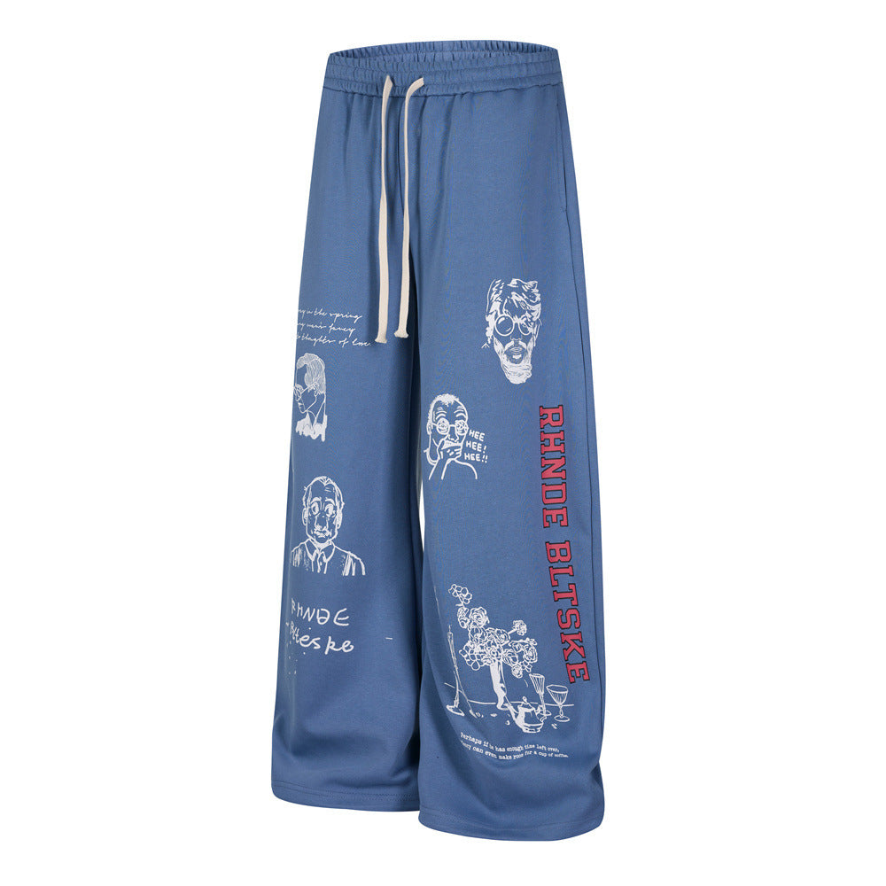 Abstract Portrait Graphic Wide-Leg Sweatpants – Men's Loose Fit Hip-Hop Street