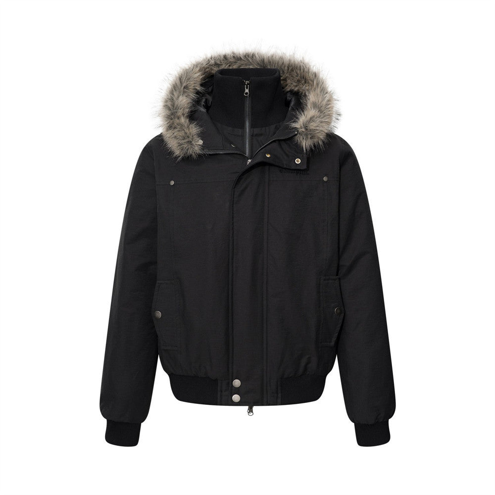 Bomber isolant pour homme à capuche bordée de fausse fourrure, blanc et noir, double fermeture zippée et poignets côtelés