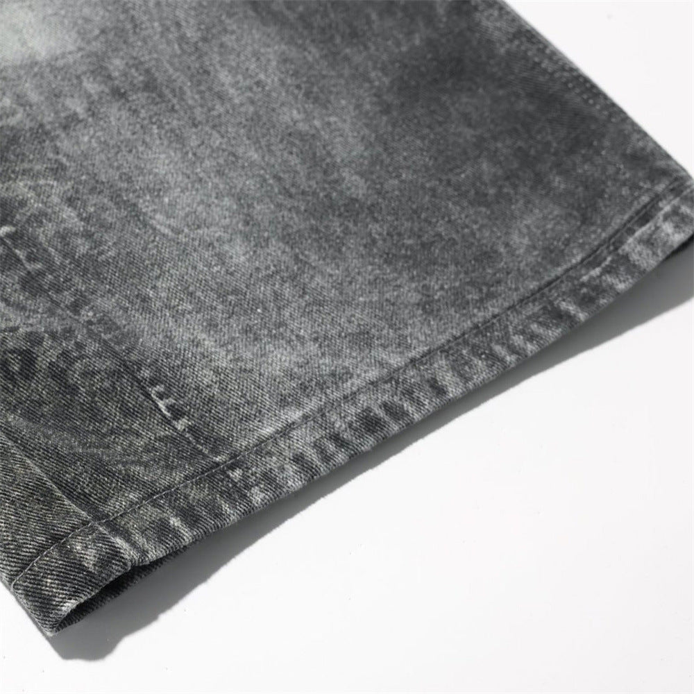 Baggy Wide-Leg Jeans – Paisley Graphic Waistband, Acid-Washed Grey Denim