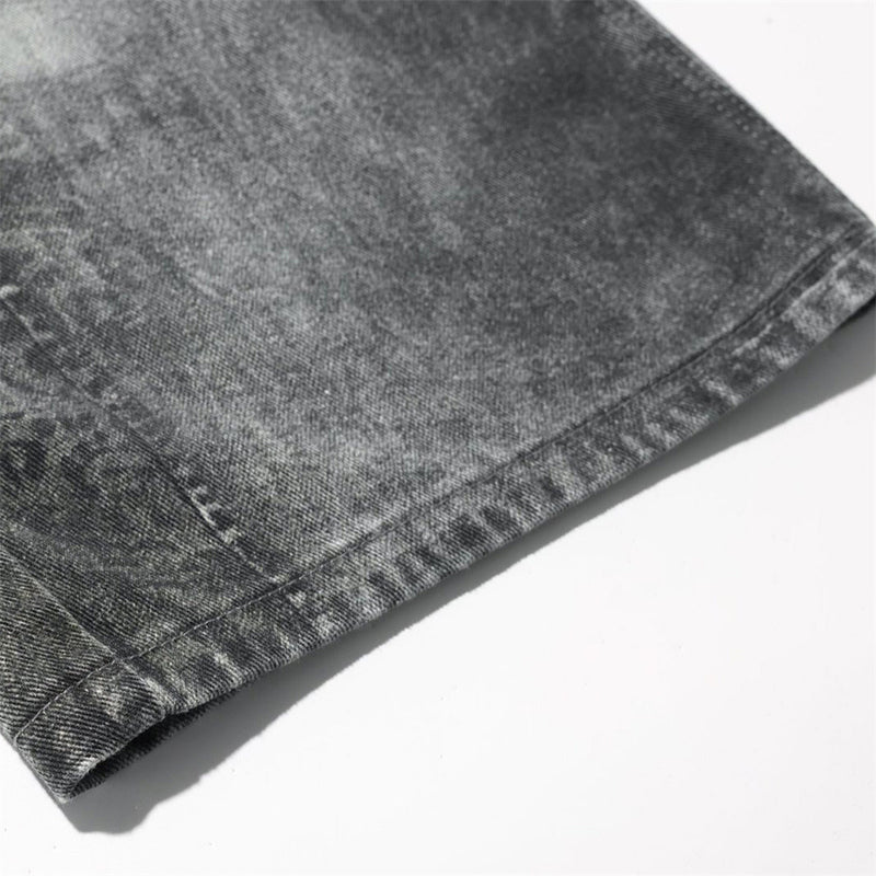 Baggy Wide-Leg Jeans – Paisley Graphic Waistband, Acid-Washed Grey Denim