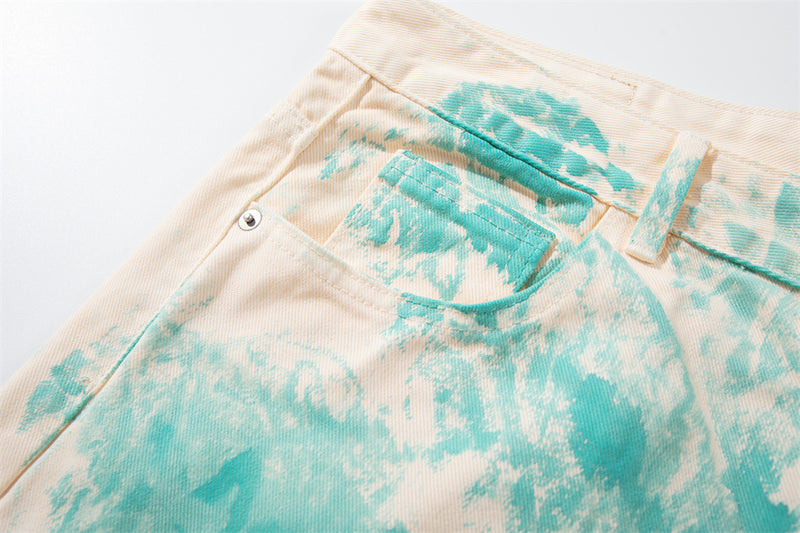 Tie-Dye Wide-Leg Denim Shorts – Loose Fit Cargo-Style Cropped Jeans
