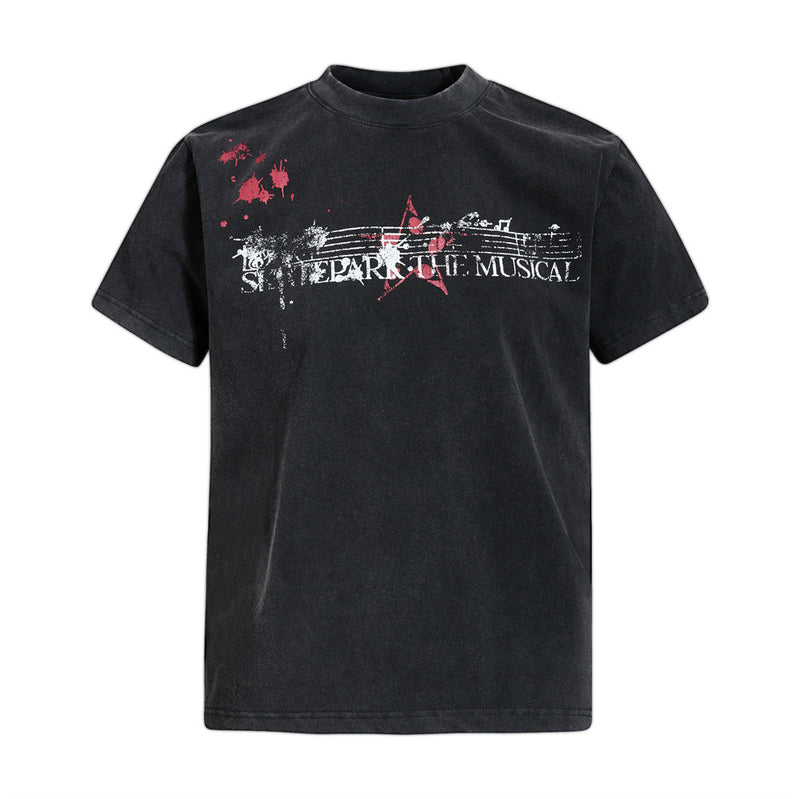 Skatepark The Musical vintage washed black graphic t-shirt with music staff and red star print