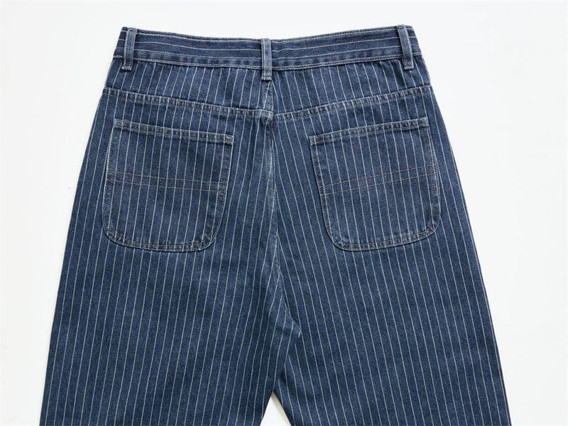 Men's Blue and White Striped Pants Wide-Leg Jeans with Rivet Side Detail