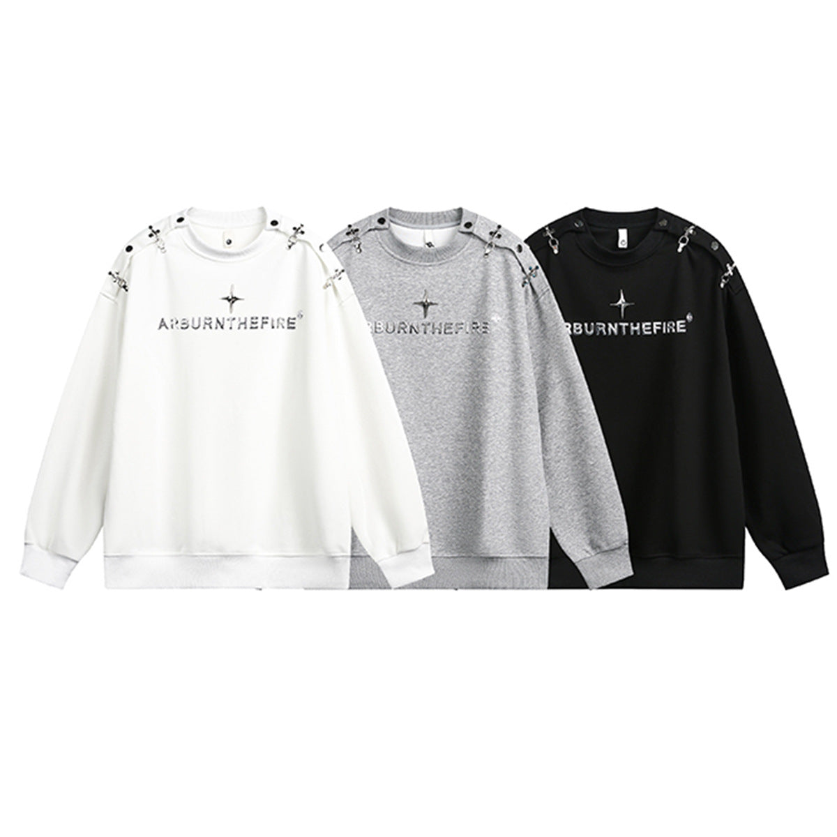 Sweat-shirt punk streetwear à col rond avec anneaux métalliques sur les épaules