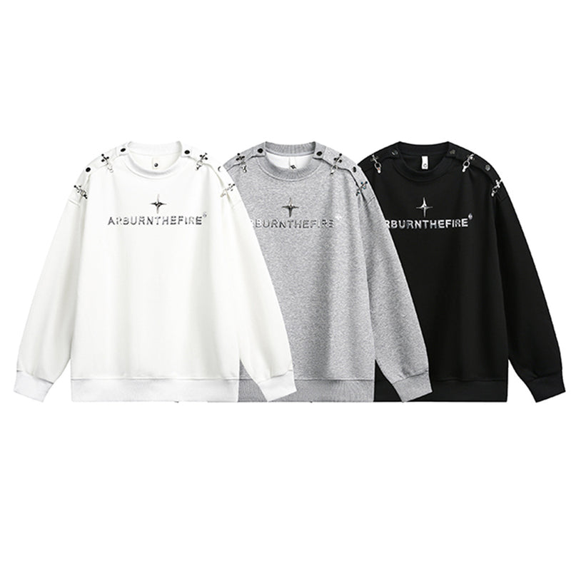 Sweat-shirt punk streetwear à col rond avec anneaux métalliques sur les épaules