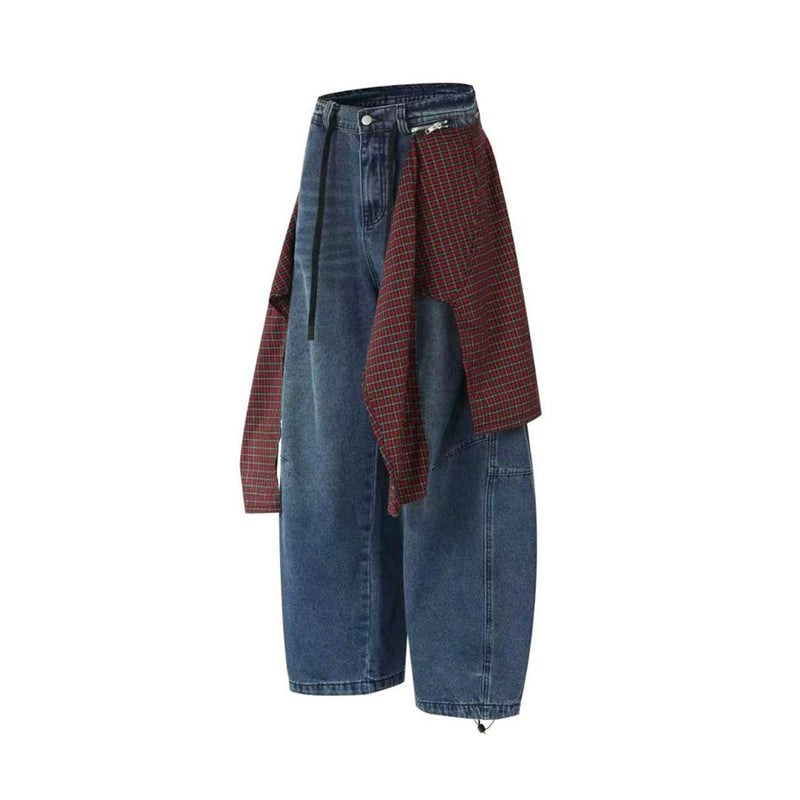Wide-Leg Baggy Jeans with Detachable Plaid Skirt Overlay — Men's Punk Street