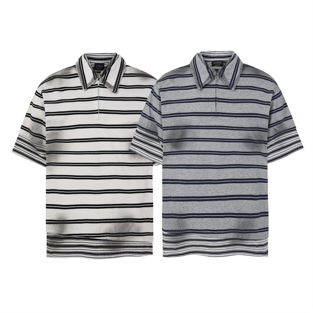 Men's oversized striped half-zip polo shirt in white with black stripes and grey with navy stripes, short sleeve boxy fit