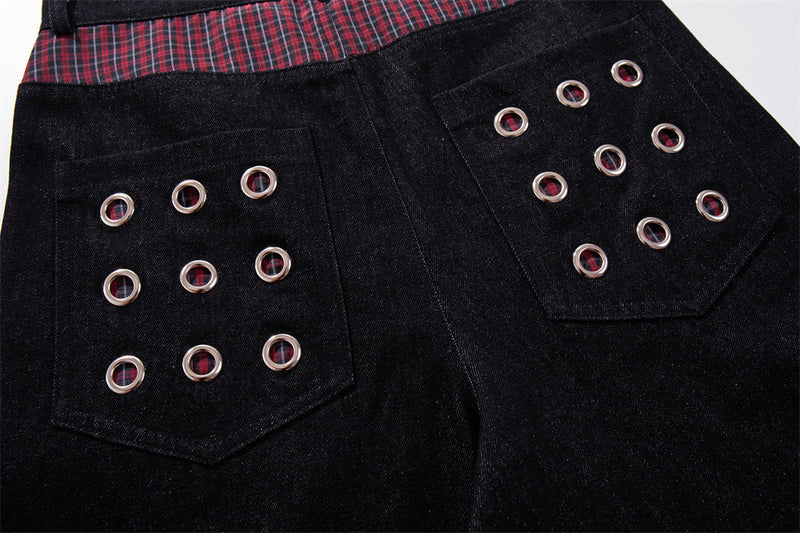 Wide-Leg Denim Jeans with Metal Eyelet Detail & Button Fly