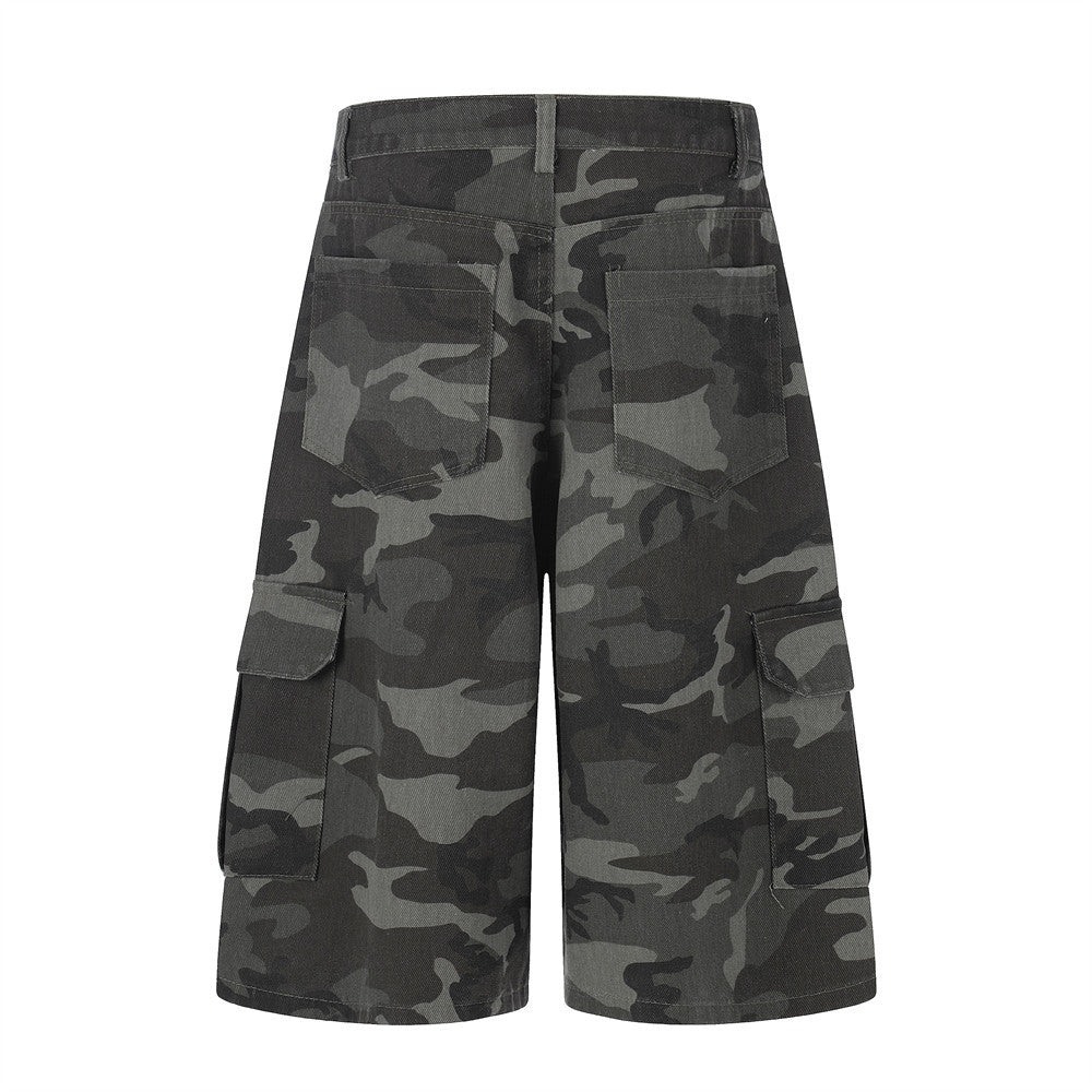 Men's Wide-Leg Camo Cargo Shorts with Bandana Detail & Multi-Pocket