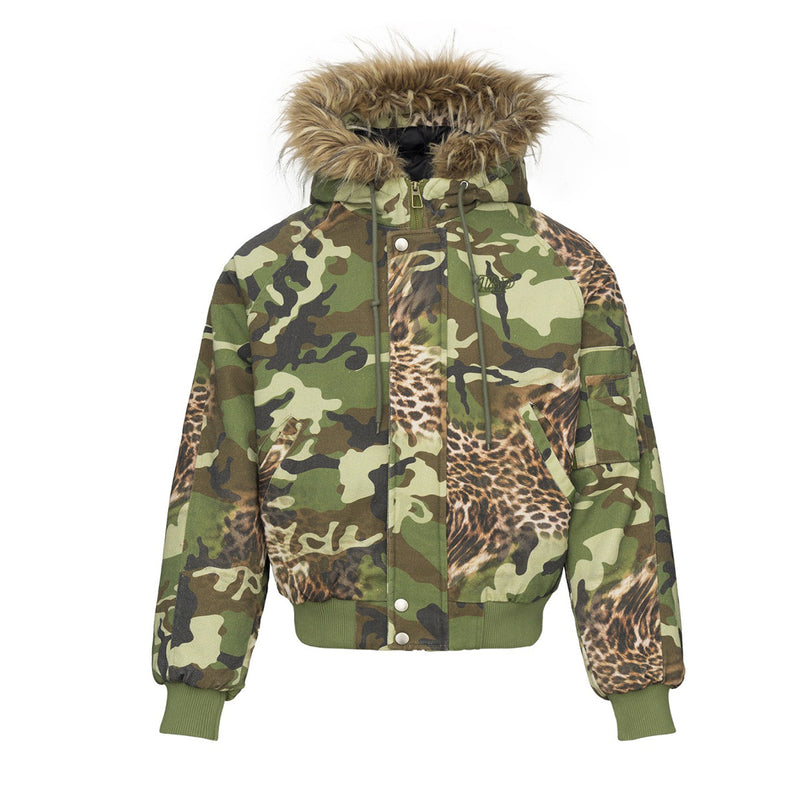 Camo Leopard Print Bomber Jacket with Faux Fur Hood