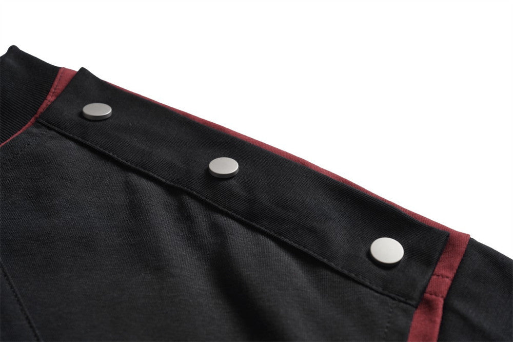 Oversized Irregular Stitch Contrast Snap-Shoulder T-Shirt